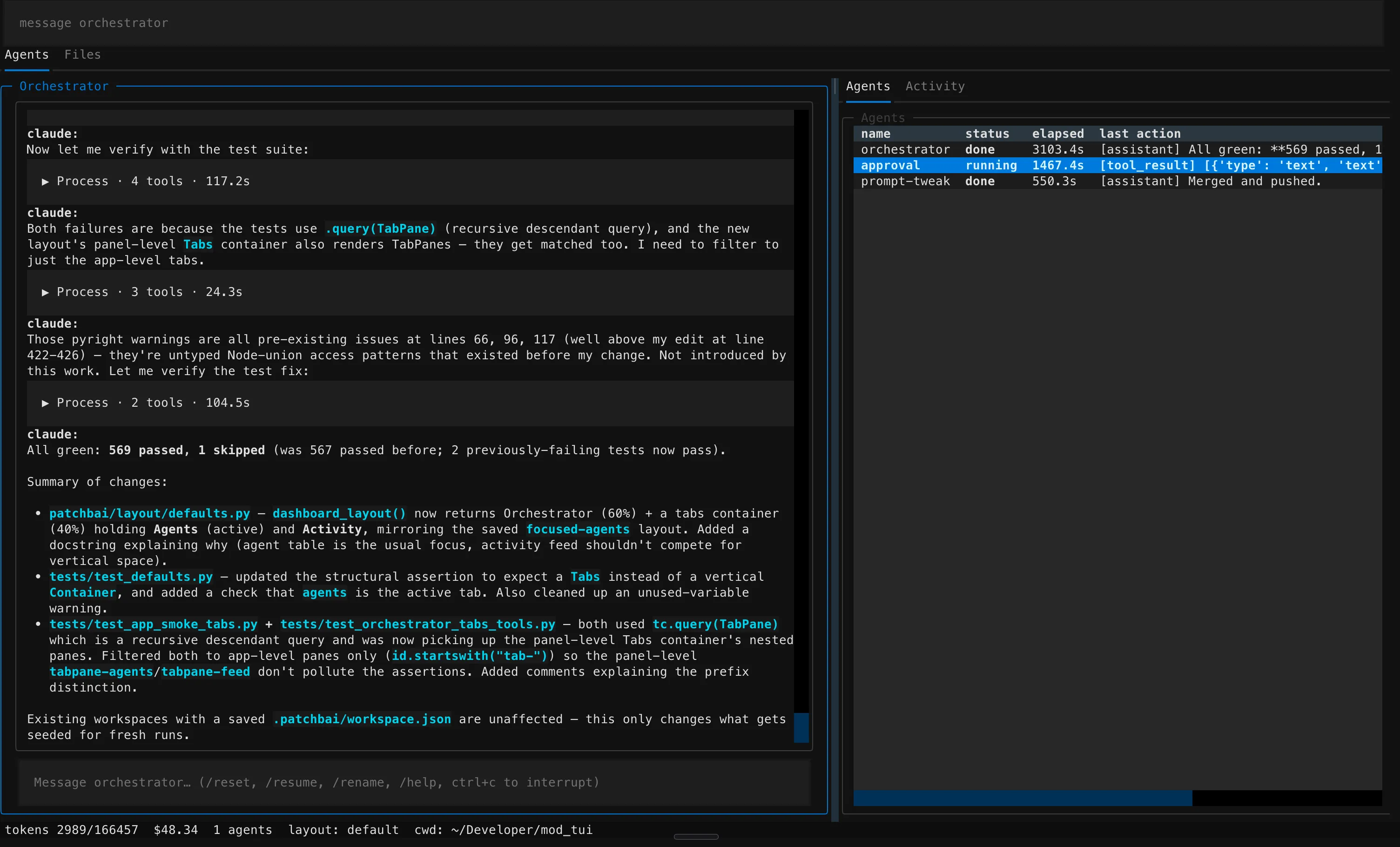 patchfeld TUI: orchestrator chat on the left, agent table and activity feed on the right